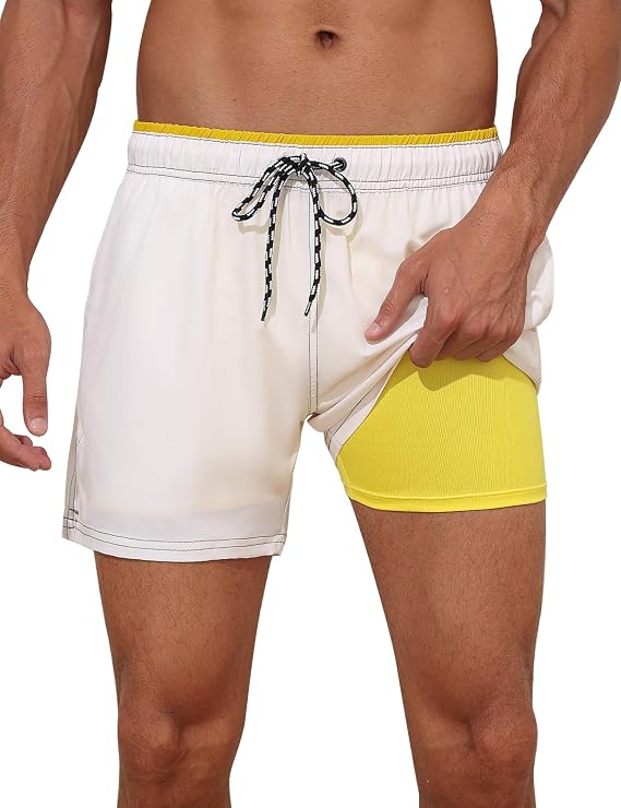 unitop Mens Swim Trunks with Compression Liner 5 Inch Inseam Surfing Board Shorts with Zipped Pockets