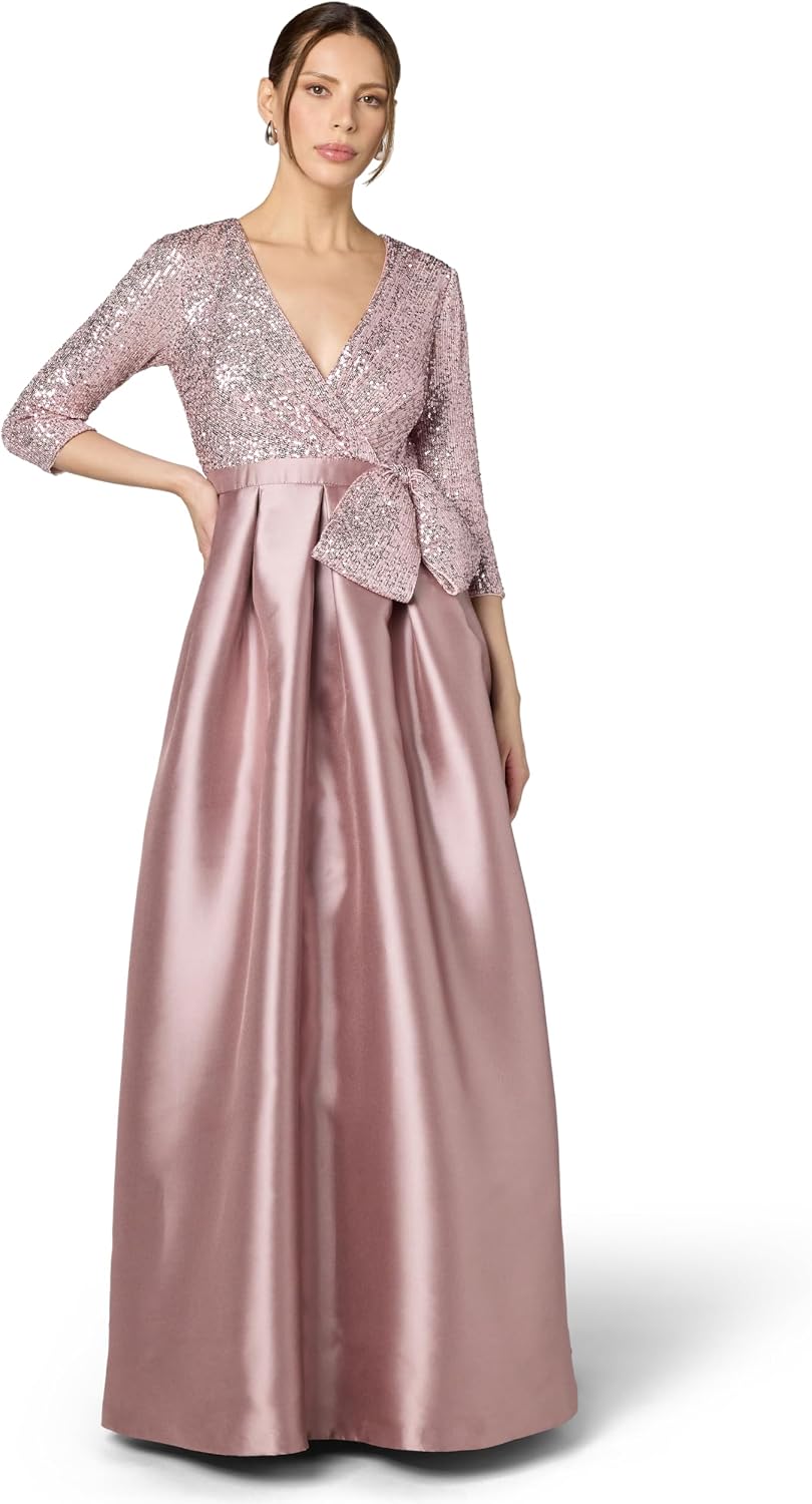 Eliza J Womens 34 Sleeve Sequined Satin Gown with Bow Detail