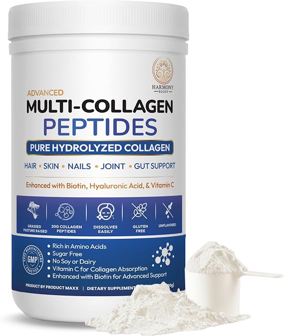 Multi Collagen Peptides Powder Grass Fed Types I II III V X with Biotin - Hyaluronic Acid & Vitamin C Collagen for Hair Skin Nails Joints Unflavored Sugar Free 1.1 lb (500g)
