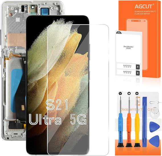 TFT for Samsung Galaxy S21 Ultra Screen Replacement for S21 Ultra LCD Display G998B SM-G998U LCD Digitizer Touch Screen Assembly with Silver Frame(No Fingerprint,No Stylus Function)