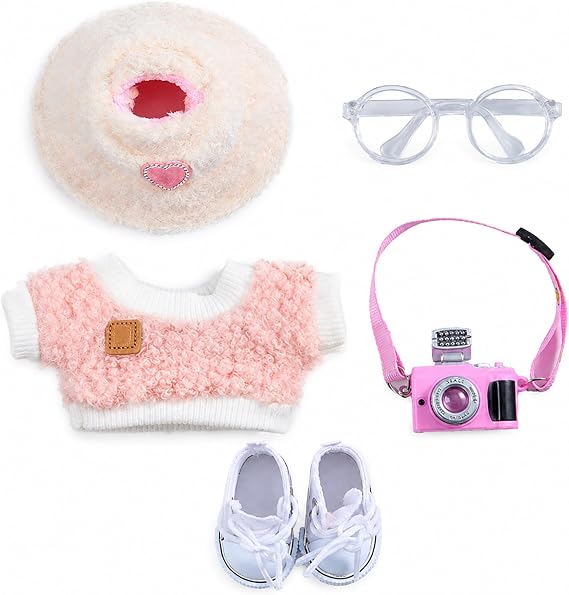 5-Piece Outfit Set for 17cm Plush Pendant Dolls, Pink Doll Clothes Accessories with Fluffy Hat, Clear Glasses, Light-Up Mini Camera & Shoes(Style B)