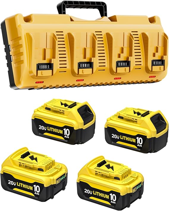 4Pack 20V 10Ah Replacement for Dewalt 20V MAX Battery and Charger | Compatible with Dewalt 20 Volt Battery DCB207 DCB204 DCB200 DCB201 DCB203 Series Power Tool