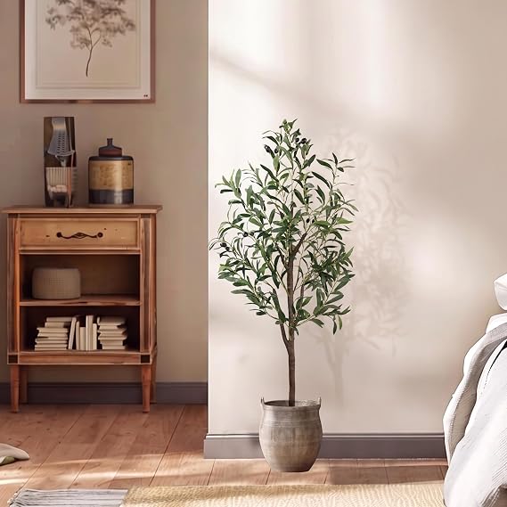 Realistic 4FT Artificial Olive Tree, Tall Artificial Plants Indoor Outdoor Fake Plant, Thicker Trunk More Leaves & Fruits Maintenance-Free Faux Tree for Office Home Shop Decor(120CM)