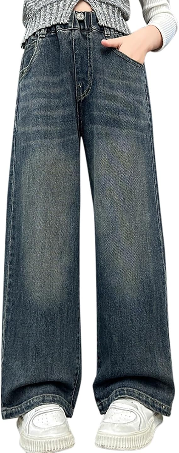 Girls Jeans, Baggy Jeans for Girls Wide Leg Ripped Elastic High Waisted Denim Pants Y2K Cute Casual Streetwear 4-15Y