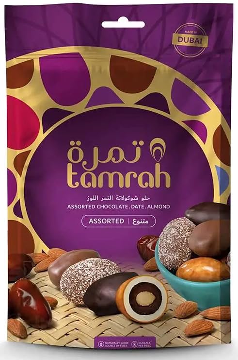 Tamrah Chocolate Covered Dates Assorted Milk Chocolate, Dark Chocolate, Caramel Chocolate, Orange Chocolate Healthy Chocolate Snacks Gifts for Kids and Adults Zipper Bag (600gm)