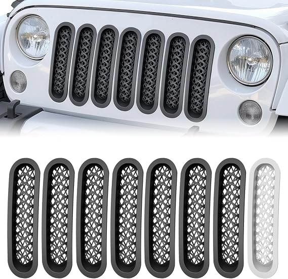 Grill Inserts Black, Front Mesh Grille Cover Compatible with 2007-2018 Jeep JK Wrangler & Unlimited Wrangler Accessories, Car Grill Mesh (7PCS Black + 1PCS White)