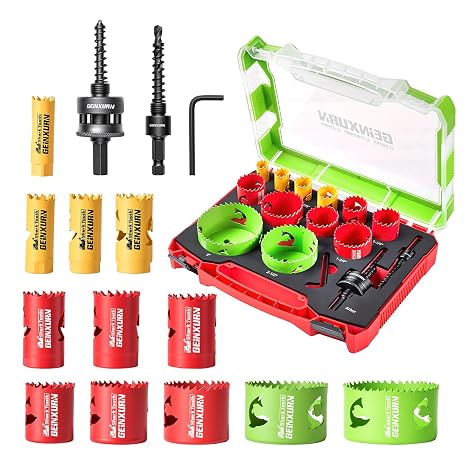 GEINXURN 15PCS Hole Saw Kit 5/8'' to 3'' (16mm-76mm) with Hole Saw Mandrel and Hex Wrench,HSS Bi-Metal Hole Cutter with Shark Tooth for Wood,Drywall, PVC Boards and Thin Metal