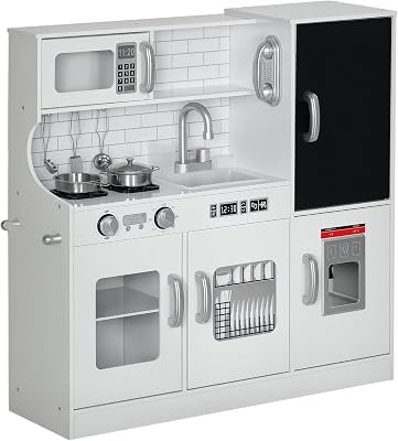 Qaba Kids Kitchen Playset - Pretend Play Toy Kitchen with Phone, Chalkboard, Towel Rack, Ice Maker, 5 Accessories, Storage Space, Microwave & Sink - Gift for 3-8 Years, White