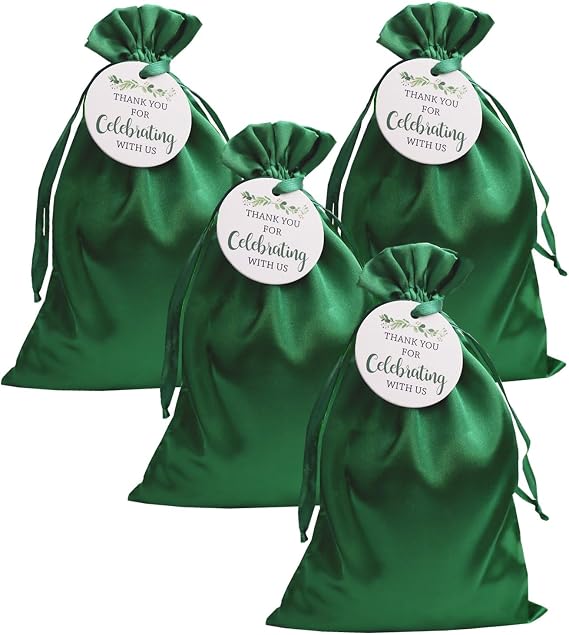 GUIFIER 30 PCS 6" x 9" Satin Gift Bags with Drawstring and Tags, Silk Jewelry Bags, Party Favor Bags, Fabric Gift Wrap Bags for Baby Shower, Bridal Shower, Christmas, Birthday, Wedding (Green)