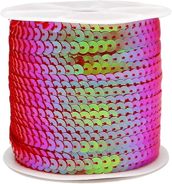 FQTANJU Bright Rose Red 6mm Crafts Round Flat Sequin Strip Trim on Strings for Crafts, Fringe, and Sewing; 100 Yard Roll