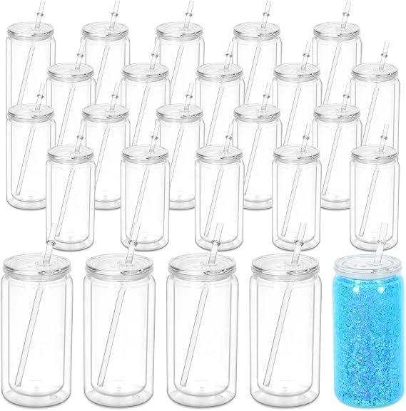 16 Oz Acrylic Snowglobe Tumbler, 25 Pack Pre-Drilled Double Wall Plastic Clear Cup for Glitter Snow Globe Diy, Double Wall Plastic Snowglobe Cup with Clear Lid