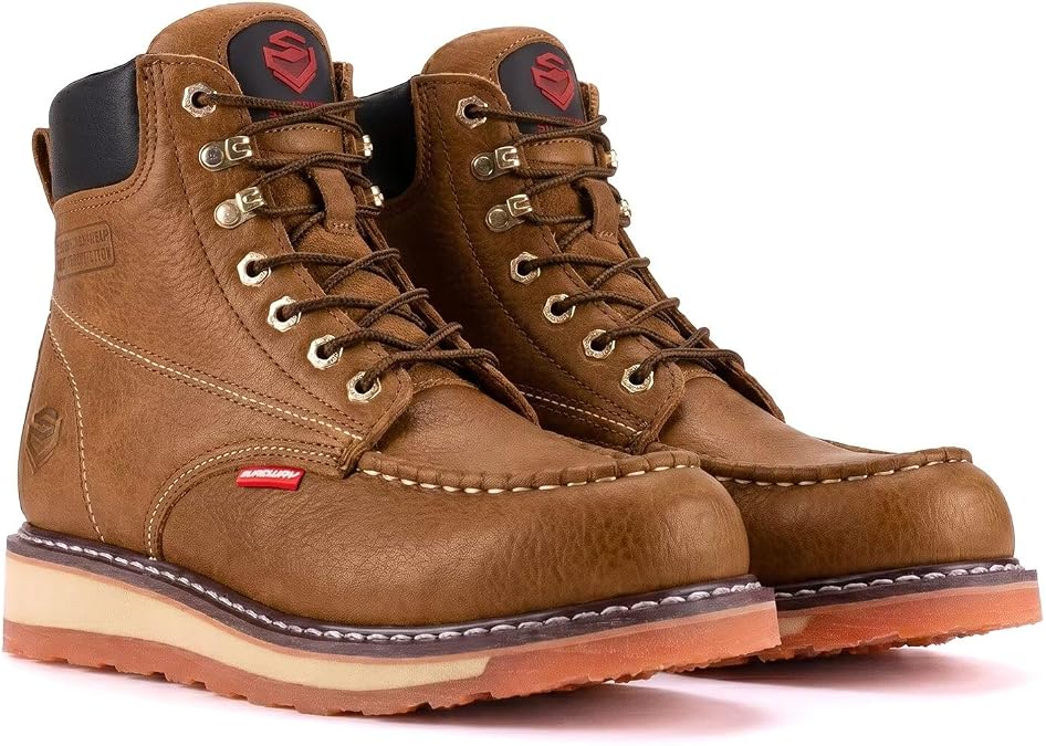 SUREWAY 6 Mens Heavy Duty Steel/Composite/Soft Toe Work Boots for Men,Comfortable & Durable,Goodyear Welt,Full Grain Leather,Oil/Slip Resistant,Wedge Moc Toe Industrial Construction Boots/Shoes