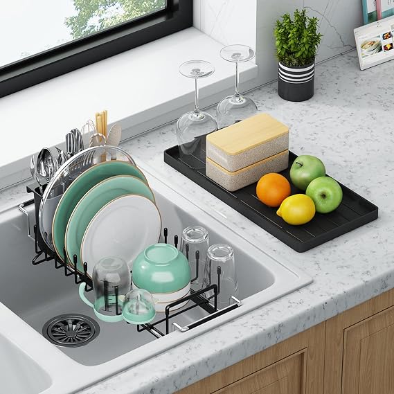 Dish Drying Rack - Aufworld Expandable Small Sink Dish Rack with Silicone Drying Tray, Over Sink Dish Drainer for Kitchen Counter with Utensil Holder, Drain Rack Fit for 14’’-19’’ Kitchen Sink