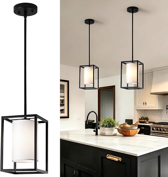 Black Pendant Lights Kitchen Island 2 Pack, Modern Small Lantern Kitchen Pendant Lighting Over Island, Farmhouse Kitchen Island Lights Ceiling Hanging, Industrial Cage Pendant Light Fixtures