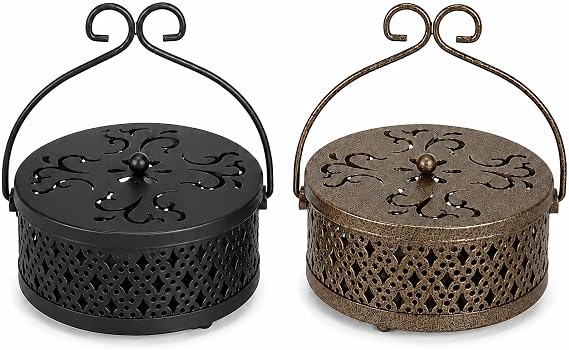 Kingrol 2 Pack Mosquito Coil Holders with Lids, Outdoor Metal Burners | Black and antique brass metal holders with lids to help contain ash for patio, garden, porch, camping, and outdoor tables