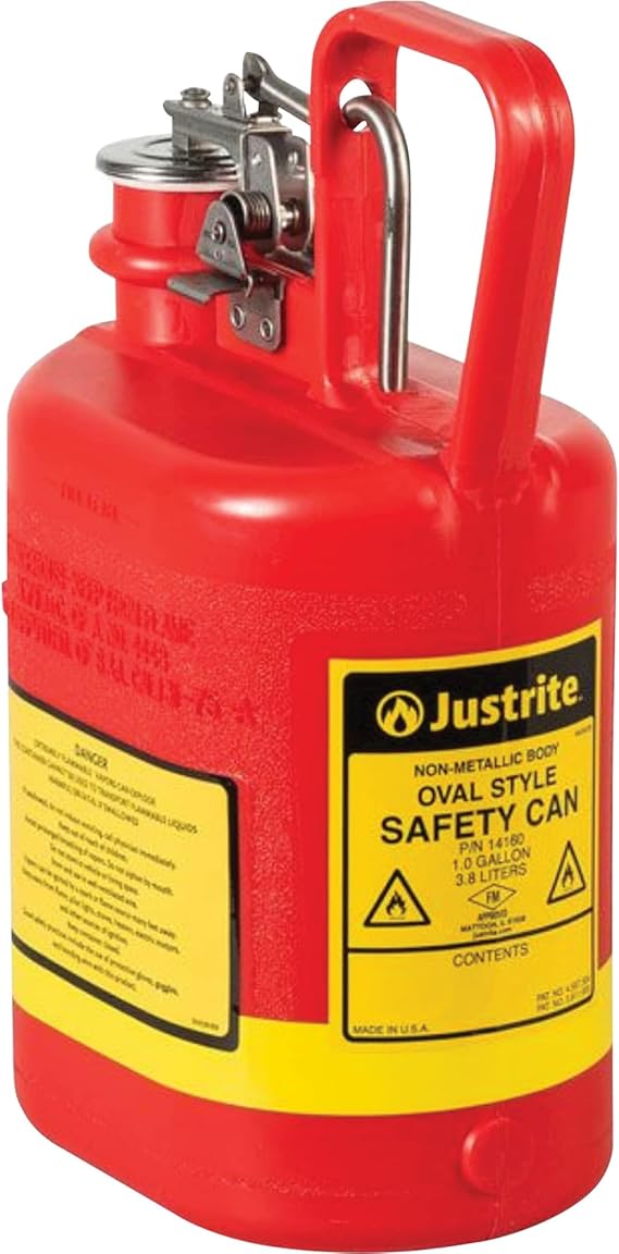 Justrite 14160 1 Gallon Type I Red Oval Polyethylene Safety Can