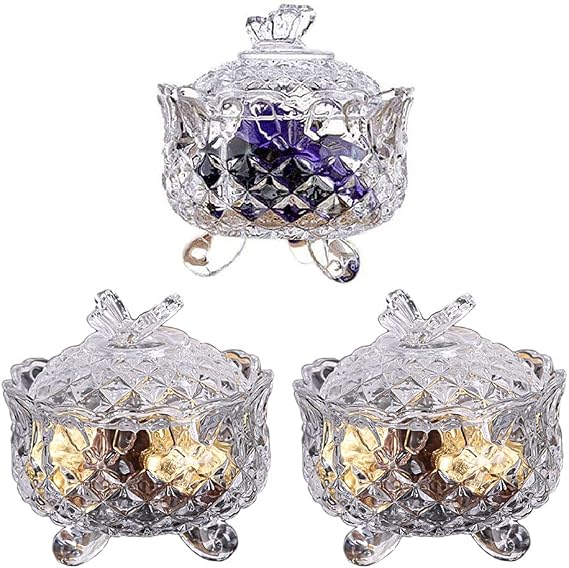 Crystal Candy Dish Small Glass Jar Set with lid Sugar Bowl 3 Pcs 10oz