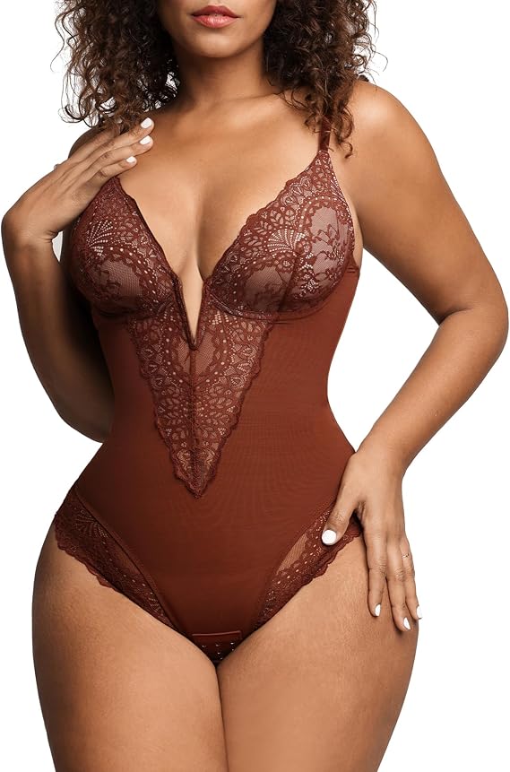 Popilush Thong Bodysuit for Women Sleeveless Tummy Control Shapewear Plus Size Bodysuit Brown