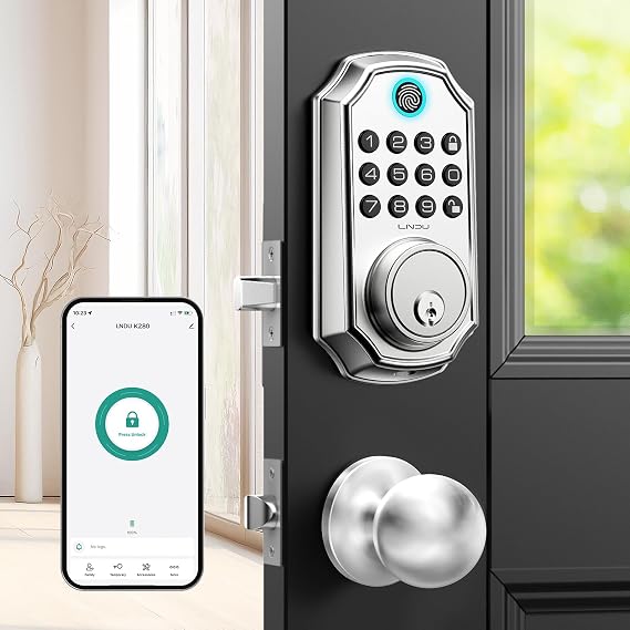 Keyless Entry Door Lock with Handle, App Control Front Door Lock Set Keyless Entry, LNDU 100 Passcode Door Locks for Front Door, Auto Lock One Touch Lock, Anti-Peeking Password, Easy to Install