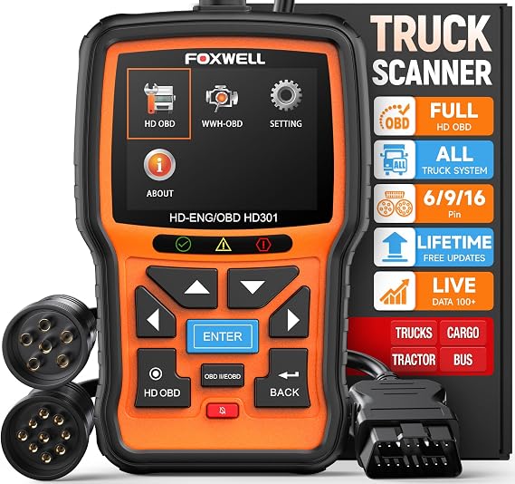 FOXWELL HD301 Heavy Duty Truck Scanner, Full System Diesel Scan Tool with 6/9/16 Pin, 2 in 1 Code Reader for Trucks & Car Engine, Diesel Diagnostic Tool for Cummins, Paccar, Caterpillar