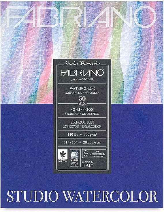 Fabriano Studio Watercolor Pad, Cold-Press, 11" x 14", 140 lb., 50 Sheets