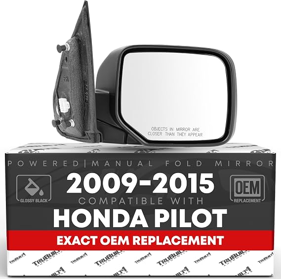 Passenger Side Mirror Replacement - Compatible with 2009-2015 Honda Pilot - Powered Adjustment, Heated, Manual Fold, Convex Glass - Smooth Black, 16H5P - OEM 76208SZAA11ZF, HO1321248