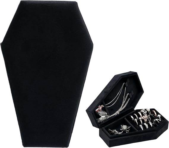 Velvet Coffin Jewelry Travel Case Holder for Gothic Wedding Ceremony Jewelry Organizer Decoration (Black)