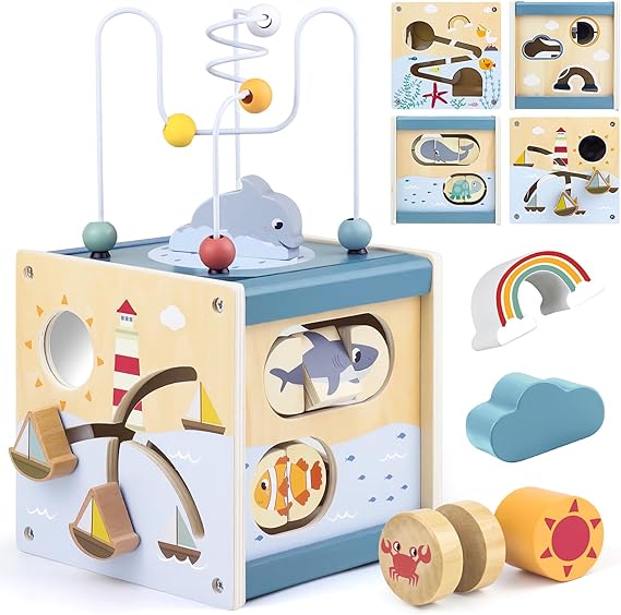 Airlab Wooden Activity Cube Montessori Toys for Boys Girls, Ocean