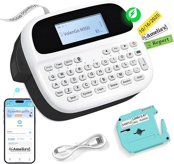 Label Maker Machine with-Tape, Rechargeable Label Maker Waterproof-Labels | Backlit Bluetooth Labeler, VolenGo M950 12mm Portable Label Printer, Home Office School Use, Removable Freezer-Labels for Jar