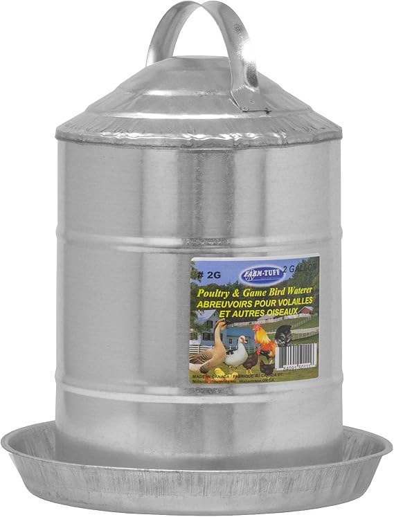 FARM-TUFF Galvanized Poultry Waterer, 2 Gallon Capacity - Double-Wall Poultry Fountain with Cone Top - Automatic Gravity-Fed Water Dispenser for Chickens, Ducks & Game Birds