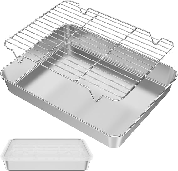 Baking Tray with Rack and Lid Stainless Steel Oven Trays with Rack Non-Stick Baking Sheet and Rack Dishwasher Safe Baking Pan Reusable Cooling Rack for Roasting Grilling Baking 2620cm/3124c
