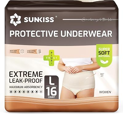 SUNKISS Women Incontinence Underwear, Daytime Disposable Postpartum Adult Panties, Protective Pull Ups with Maximum Absorbency, Large, Beige, 16 Count