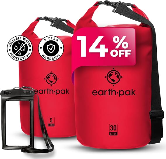 Earth Pak Waterproof Dry Bag - Roll Top Waterproof Backpack Sack (Red 30L & 5L)