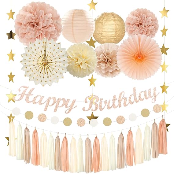 Champagne Pink Happy Birthday Decorations, Happy Birthday Banner, Paper Flowers, Lanterns, Fans, Gold Satr, Circle Dots Tassels Garland for Anniversary Baby Shower Boho Birthday Party Supplies