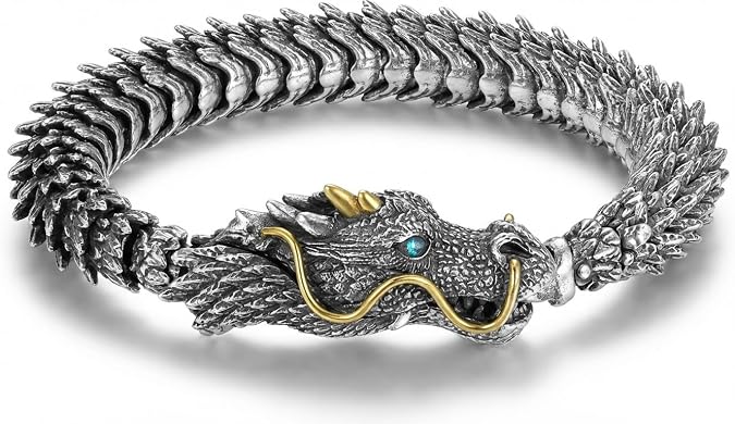 Silver Dragon Bracelet for Men, Domineering Handmade Retro Silver 3D Dragon Bracelet, Personalized Creative Dragon Jewelry, Men Jewelry Gift(7.87inch)