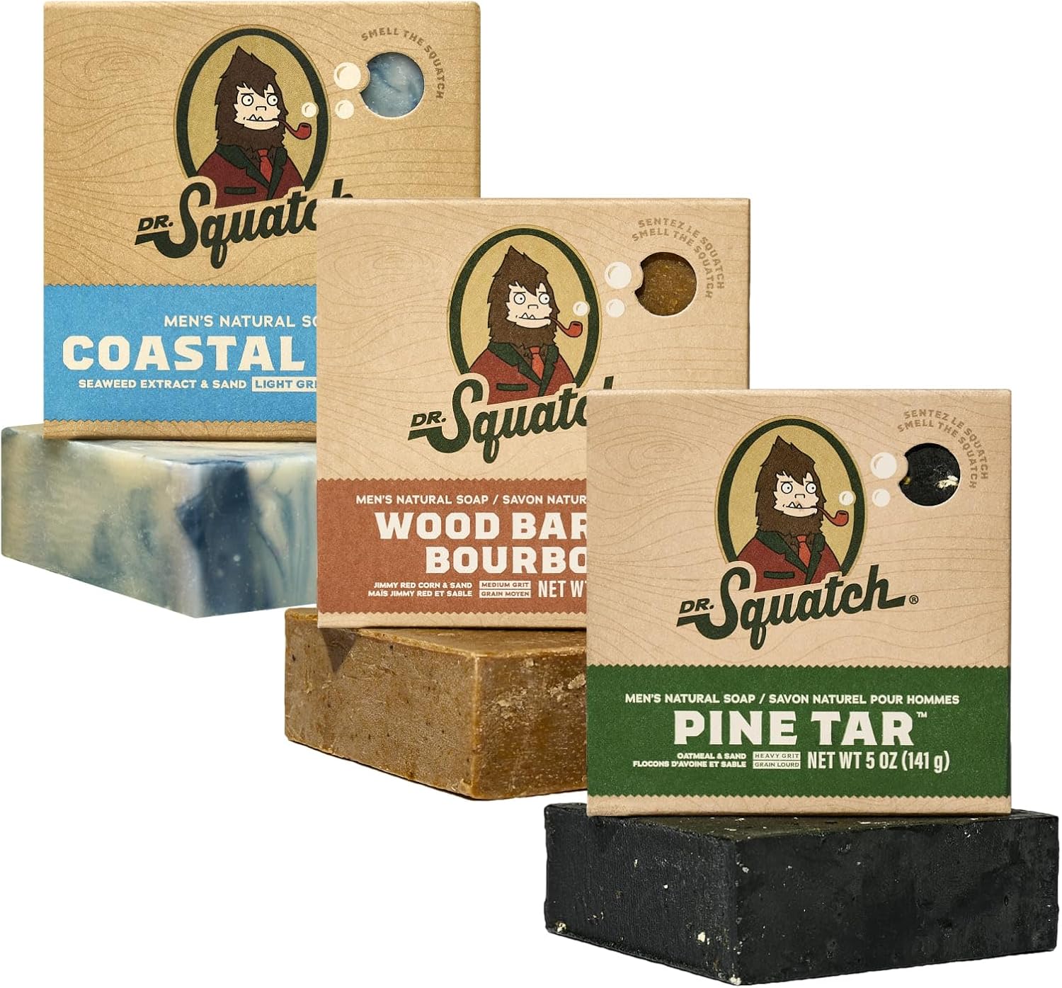 Dr. Squatch Natural Men’s Bar Soap - Cold Process Body Soap Bar with Natural Oils - Gifts for Men - Pine Tar, Wood Barrel Bourbon, Coastal Mist (142g, 3 pack)