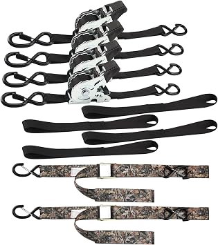 Retractable Ratchet Tie Down Straps(4PK) with S-Hooks, 1500lb Break Strength,1in x 10ft, Heavy Duty Auto Self Retracting Tie Down Straps for Truck, Motorcyles+ 2PK Camouflage Cambuckle Tie Down