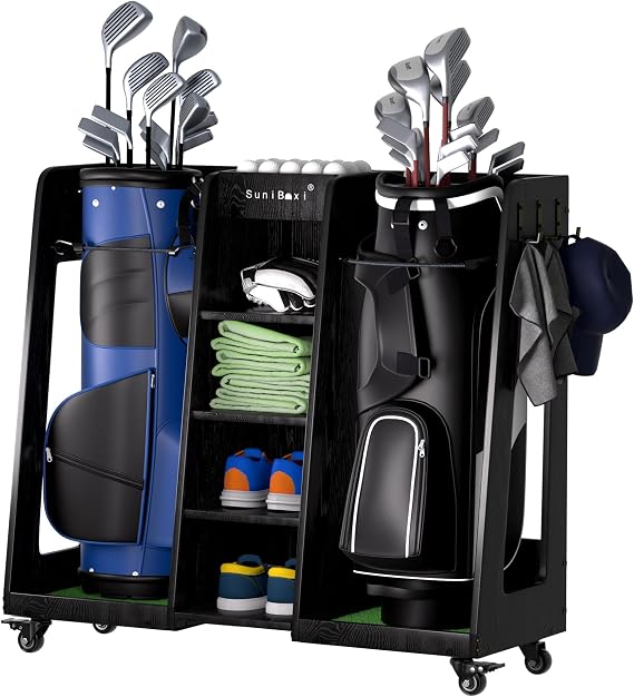 Golf Bag Organizer for 2-Bags Storage - Wooden Golf Bag Stand Rack with Wheels, Heavy Duty Space Saving Golf Club Holder, for Golfers, Husband, Father | Golf Bag Storage Rack, Golf Bag Holder, Heavy Duty, Space Saving, For Golfers, Husband, Father