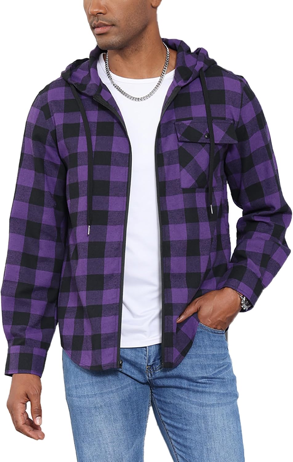 ZITY Mens Cotton Linen Zip Up Hoodies Long Sleeve Casual Tops Plaid Flannel Shirt with Hood