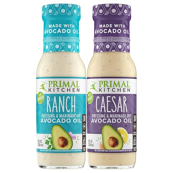 Primal Kitchen Ranch Dressing & Marinade and Caesar Dressing & Marinade, Made with Avocado Oil and Cage-Free Eggs, 8 Fluid Ounces, Variety Pack of 2