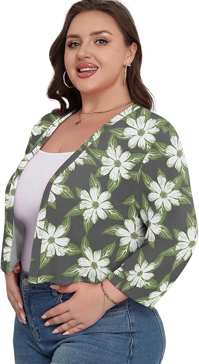 Lastshe Women's Plus Size Shrug Open Front 3/4 Sleeves Summer Beach Cover Ups Cropped Bolero Openwork Fabric Cardigan
