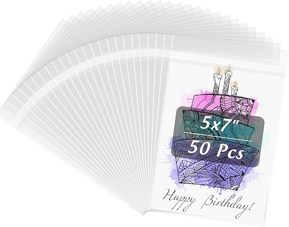 Frametory 5x7 Inches Acid-Free Plastic Sleeves Clear Storage Bags, 50 Pcs Self Sealing Cellophane Bags for 5X7 Cards Photos A6 A7 Envelopes