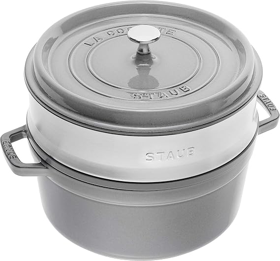 Staub 40510-605-0 Cast Iron Roaster/Cocotte with Steamer Insert, Round 26 cm, 5.2 L, With Matte Black Enamel inside the Pot, Graphite Grey