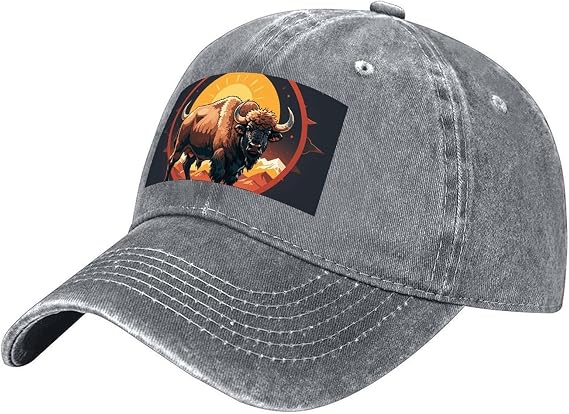 American Bison Denim Hat Adjustable Strap Baseball Cap Distressed Cotton Dad Hats 3" Curved Brim