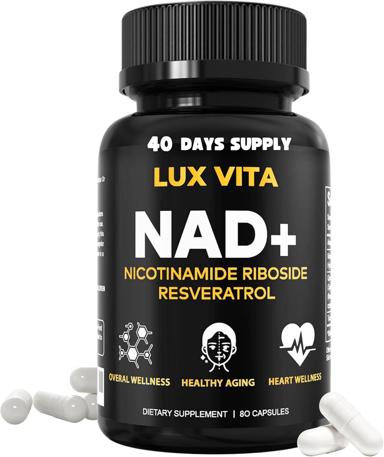 NAD Capsules Nicotinamide Riboside Resveratrol Daily Cellular Energy Support Supplement | Non-GMO for Overall Health, Positive Aging and Heart Wellness | Lux Vita