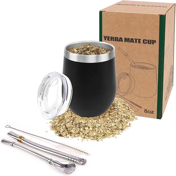 ROCKY&CHAO 8Oz Yerba Mate Gourd Set - Stainless Steel Modern Mate Cup with 2 Bombilla Straws, Cleaning Brush, BPA-Free Lid - Double-Walled for Hot & Cold Drinks, Ideal for Tea and Coffee