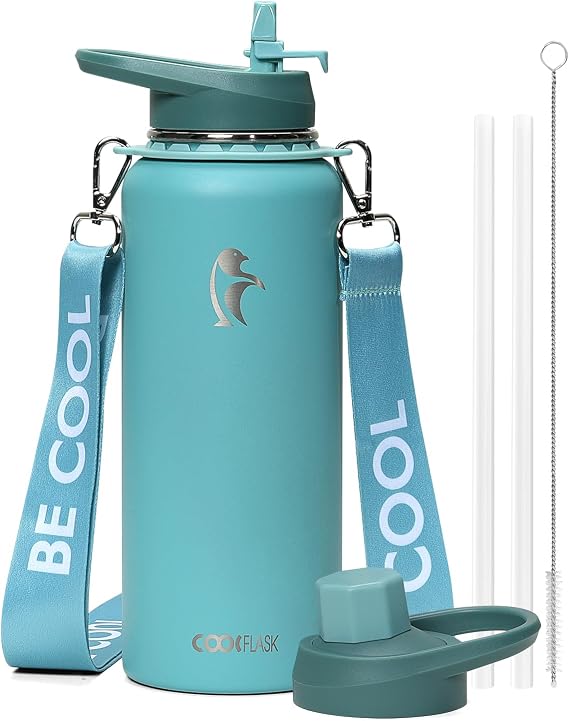 Coolflask 40 oz Water Bottle Insulated Stainless Steel with Strap | Metal Water Flask with Straw & Spout Lids, Triple-Wall, Cold 48+h, Dishwasher Safe, Leakproof, BPA-Free, for Gym & Hiking
