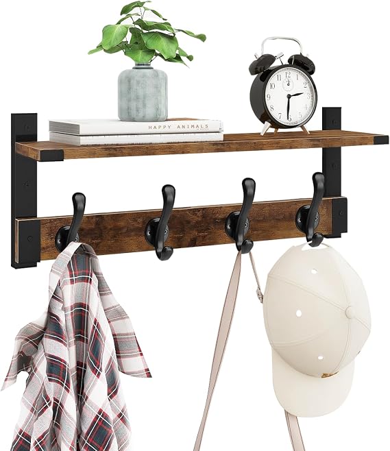Homode Coat Rack Wall Mount with Shelf, Wood Wall Hooks with Shelf, Brown
