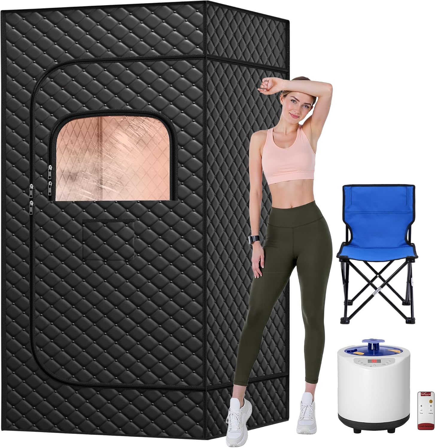 Sauna, Portable Sauna Box for Home, Full Size Steam Saunas Tent with Steamer, Foldable Chair, Carpet and Remote Control, Ideal for Spa, Indoor, Outdoor Satin Cotton, Glossy Black