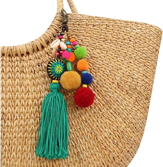 QTMY Pom Pom Shell Beads Tassel Bag Charm Pendant Boho Keyring Keychain for Women Purse Handbag Decor (6)